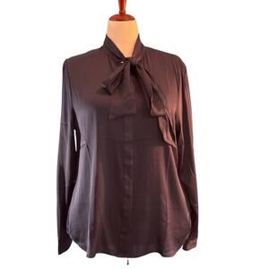NWT Quince Blouse Shirt Silk Spandex Self-Tie Bow Neck Dark Blue Extra Button XL